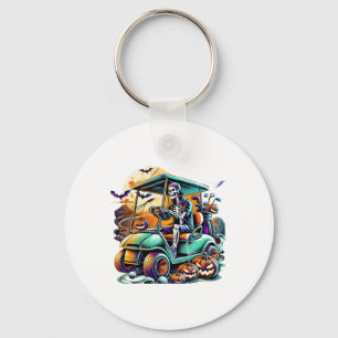 Funny Vintage Halloween Skeleton Golf Cart Golfer Key Ring