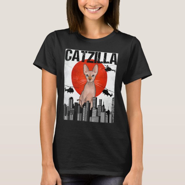 Funny Vintage Japanese Catzilla Sphynx Cat T-Shirt (Front)