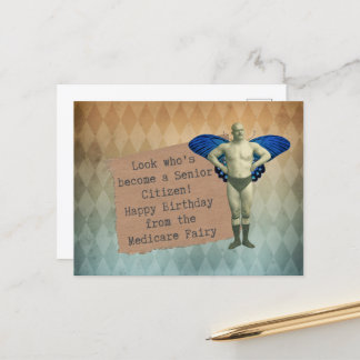 Funny Vintage Male Fairy Senior Birthday Postcard