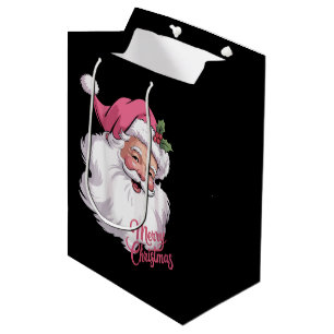 Funny Vintage Pink Santa Claus Pink Merry Xmas Medium Gift Bag