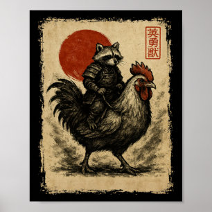 Funny Vintage Racoon Rooster Chicken Japanese Uki Poster