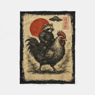 Funny Vintage Racoon Rooster Chicken Ufo Japanese Fleece Blanket