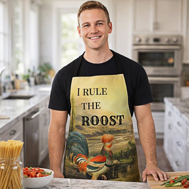 Funny Vintage Rooster Roast Apron (Apron featuring a vintage landscape scene with a colorful rooster and your custom funny texts)
