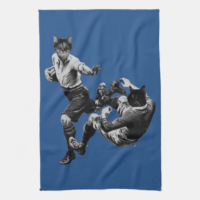 funny vintage rugby playing cats tea towel (Vertical)