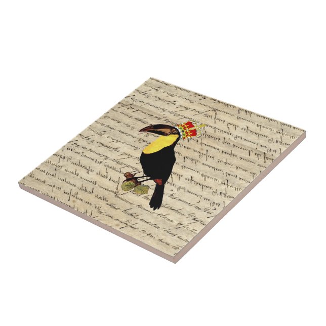 Funny vintage toucan & crown ceramic tile (Side)