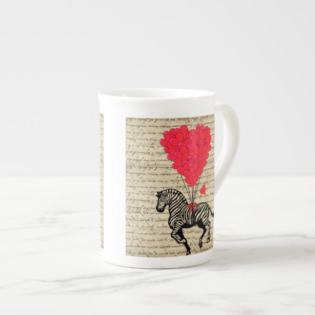 Funny vintage zebra & heart balloons bone china mug (Front Right)