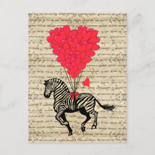 Funny vintage zebra & heart balloons postcard