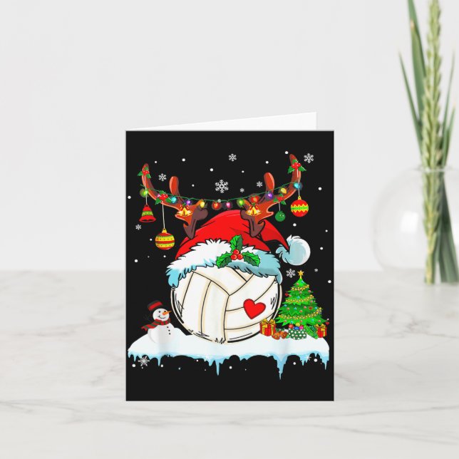 Funny Volleyball Christmas Reindeer Santa Hat Ligh Card (Front)