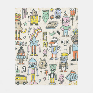 Funny Wacky Doodle Characters Set 2. Vintage Textu Fleece Blanket