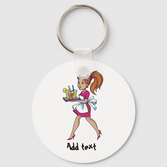 Funny waiter waitress cartoon personalised key ring (Front)