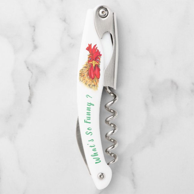 Funny Waiter's Corkscrew Playful Rooster Your Text (Back)