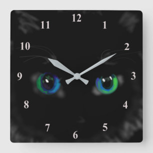 Funny Wall Clock Black Cat with Blue Green Eyes