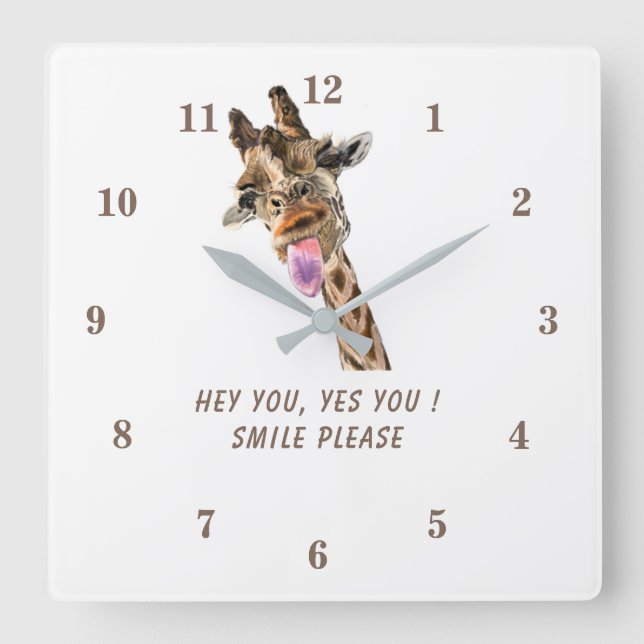 Funny Wall Clock Playful Giraffe Smile - Your Text (Front)