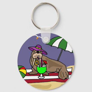 Funny Walrus at the Beach Art Key Ring