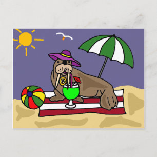 Funny Walrus at the Beach Art Postcard