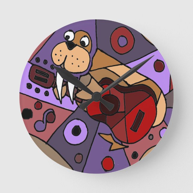 Funny Walrus Playing Guitar Abstract Round Clock (Front)