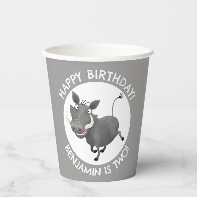 Funny warthog personalised birthday paper cups (Front)