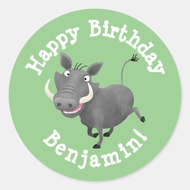 Funny warthog pig personalised cartoon birthday classic round sticker (Front)