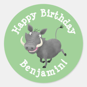 Funny warthog pig personalised cartoon birthday classic round sticker