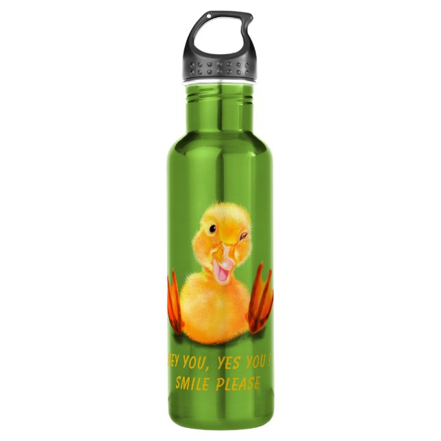 Funny Water Bottle with Happy Duck - Custom Text (Front)