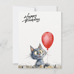 funny watercolor birthday card with cat 