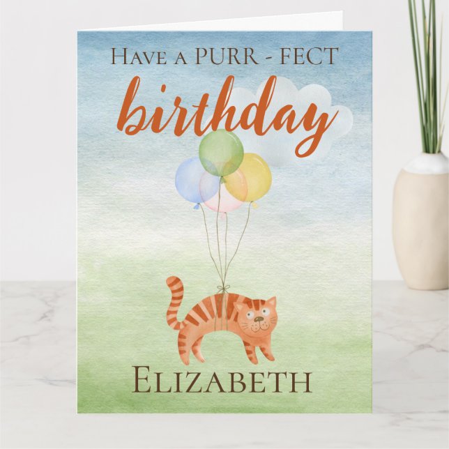 Funny Watercolor Birthday Cat Balloons Card (Front)
