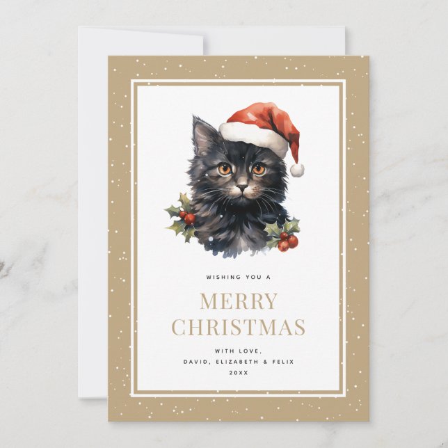 Funny Watercolor Black Cat Merry Christmas Card (Front)