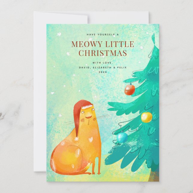 Funny Watercolor Cat Christmas Card (Front)