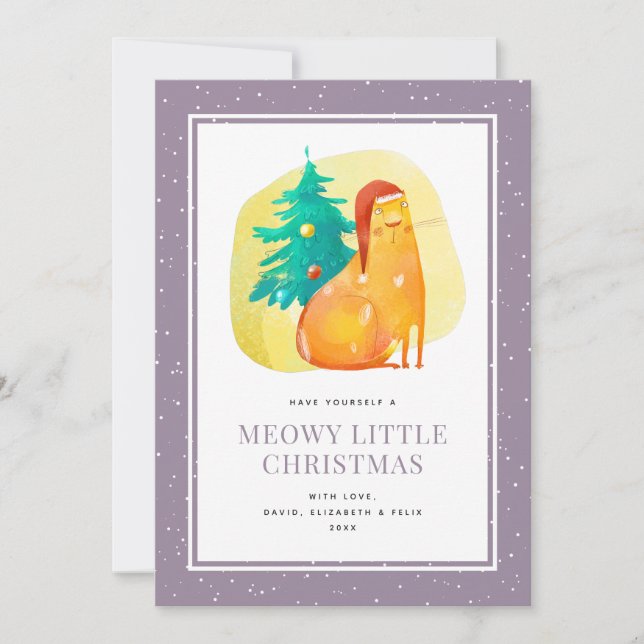 Funny Watercolor Cat Purple Christmas Card (Front)