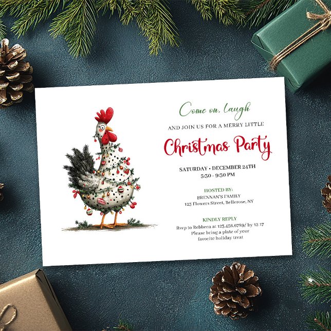 Funny Watercolor Chicken Festive Christmas Invite (Funny Watercolor Chickens Festive Christmas Invite)