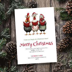 Funny watercolor chickens Christmas greeting card