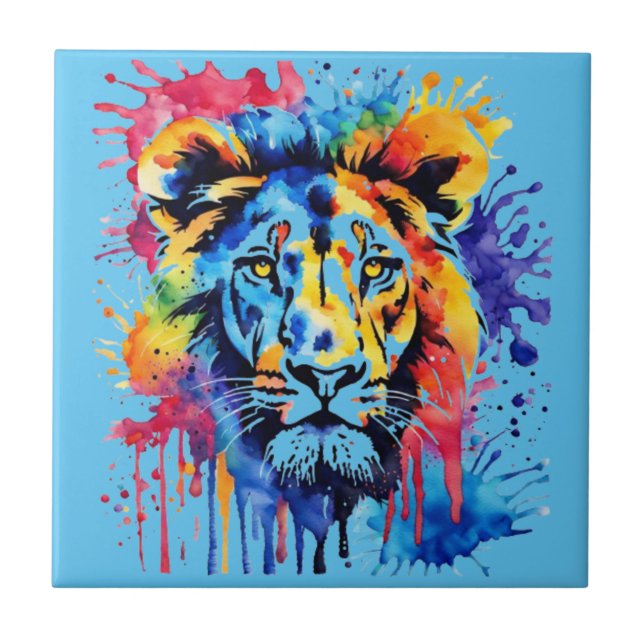 Funny watercolor colourful lion ceramic tile (Front)