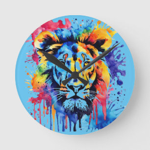 Funny watercolor colourful lion round clock