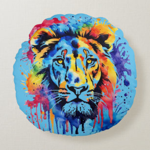 Funny watercolor colourful lion round cushion