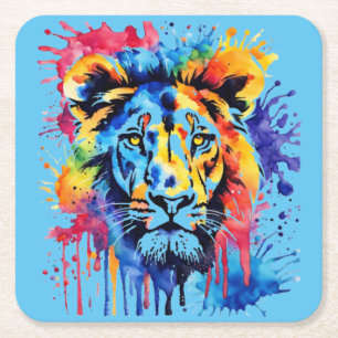 Funny watercolor colourful lion square paper coaster