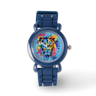 Funny watercolor colourful lion watch