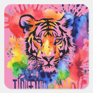 Funny watercolor colourful tiger square sticker
