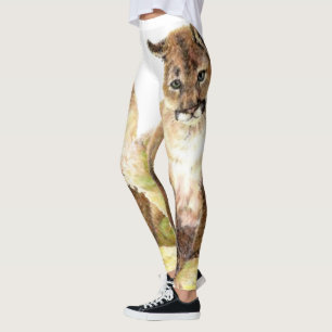 Funny Watercolor Cub Cougar, Puma, Mountain Lion Leggings