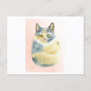 Funny watercolor of a fluffy cat postcard