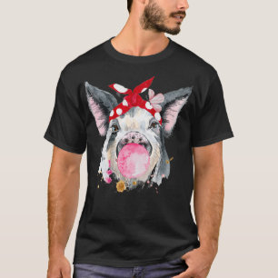 Funny Watercolor Pig with Bubblegum and Red Bandan T-Shirt