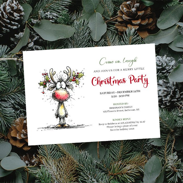 Funny watercolor reindeer Christmas party invite (Whimsical Reindeer Christmas Party Invite Design)