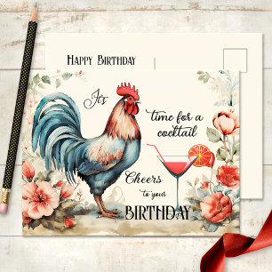 Funny Watercolor Rooster Cocktail Birthday Postcard