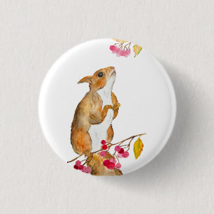 Funny watercolor squirrel on a branch with berries 3 cm round badge