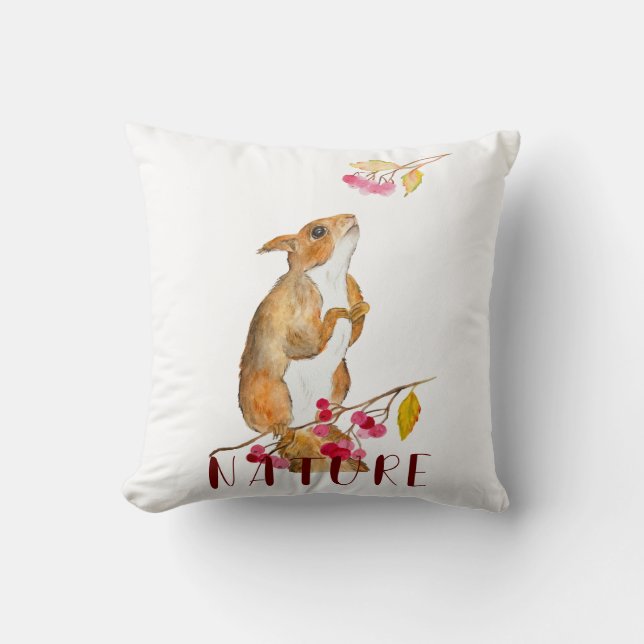 Funny watercolor squirrel on a branch with berries cushion (Front)