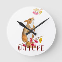 Funny watercolor squirrel on a branch with berries