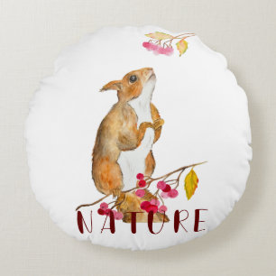 Funny watercolor squirrel on a branch with berries round cushion