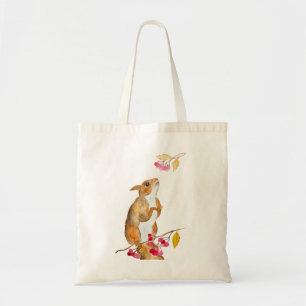 Funny watercolor squirrel on a branch with berries tote bag