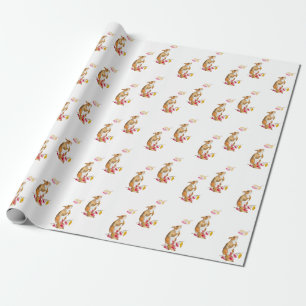 Funny watercolor squirrel on a branch with berries wrapping paper