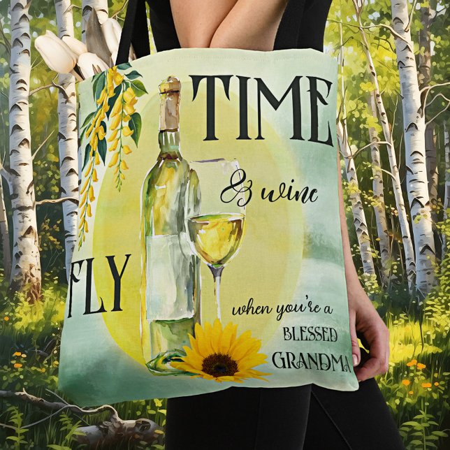 Funny Watercolor Wine Grandma Tote Bag (Tote bag featuring a watercolor bottle and glass of wine with flowers and your funny texts - grandma)