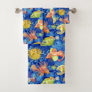 Funny watercolour fish bath towel set